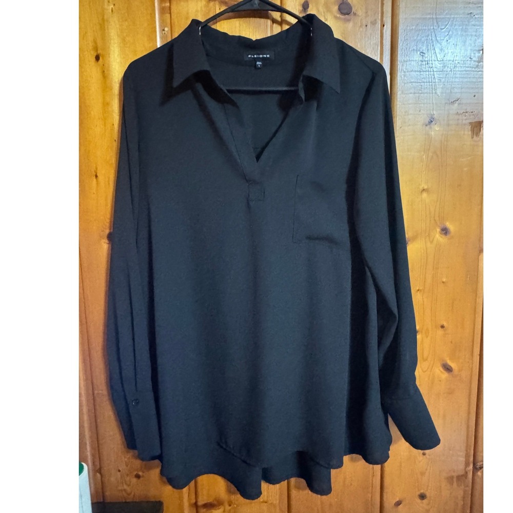 Pleione Womens Black V-Neck Long Sleeve Blouse Size L High-Low Hem Pocket Top
